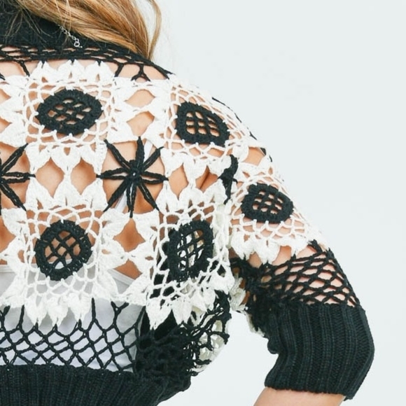 Chic Embroidered Wildflower Crop Cotton Cardigan Sweater Sleeve in Black - Picture 9 of 13